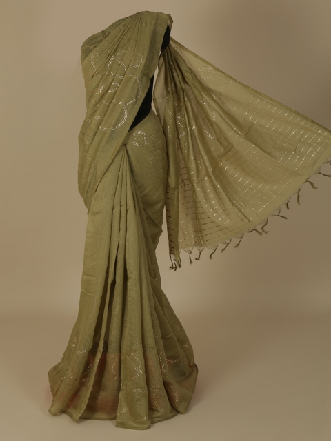 

Pothys Olive Green & Silver-Toned Jute Silk Embellished Saree