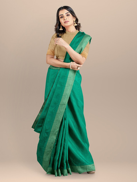 

BharatSthali Green Solid Raw Pure Silk Sustainable Saree