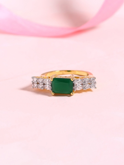 

Voylla Platinum-Plated Gold-Toned & Green Emerald Cut CZ Studded Ring