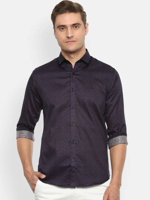 

V Dot Men Navy Blue Slim Fit Printed Cotton Casual Shirt