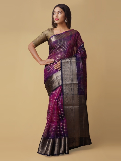 

Unnati Silks Pink & Gold-Toned Silk Cotton Checked Banarasi Saree
