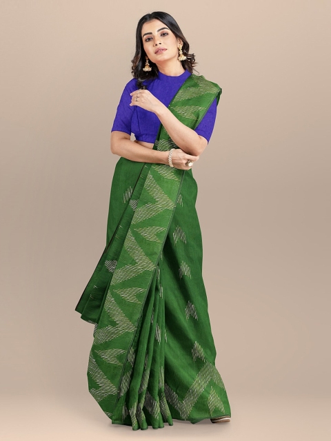 BharatSthali Green & Off-White Silk Cotton Taant Woven Design Saree