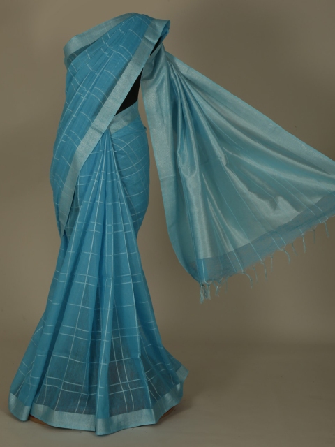 Pothys Blue Checked Pure Linen Saree