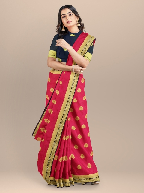 

BharatSthali Pink & Yellow Silk Cotton Woven Design Banarasi Saree