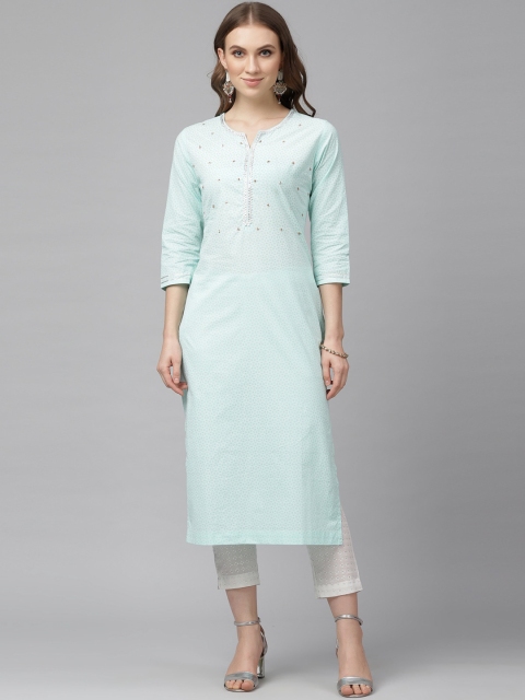 

KASSUALLY Women Green & White Embroidered Kurta with Trousers