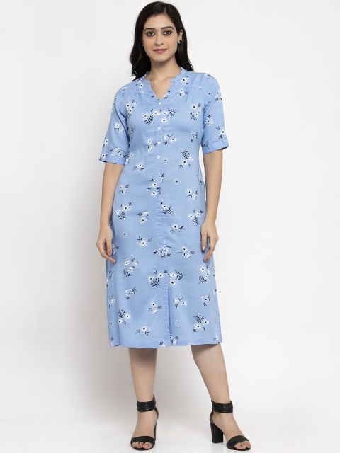 

Ayaany Women Blue Floral Printed A-Line Dress