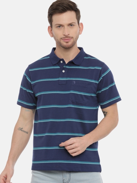 

Classic Polo Men Navy Blue Striped Mandarin Collar T-shirt