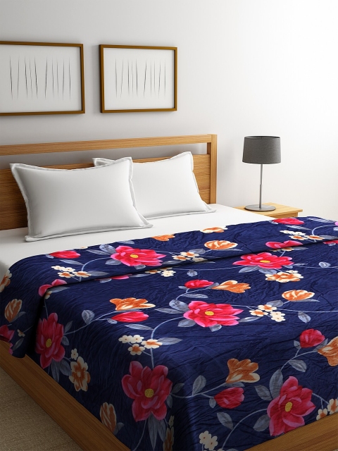 

NEUDIS Blue & Pink Floral Printed AC Room 233 GSM Double Bed Flannel Fur Blanket, Navy blue