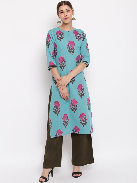 

Janasya Women Sea Green & Pink Printed Kurta with Palazzos