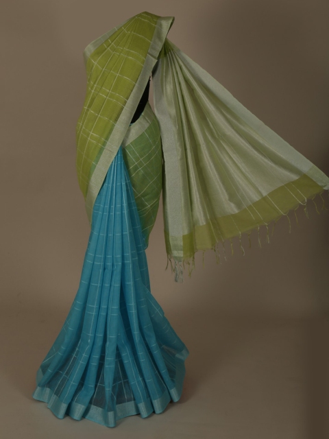 

Pothys Green & Blue Pure Linen Checked Saree