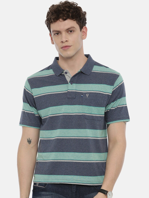 

Classic Polo Men Blue & Green Striped Polo Collar T-shirt