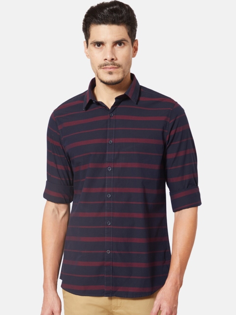 

J Hampstead Men Maroon & Navy Blue Slim Fit Striped Casual Shirt