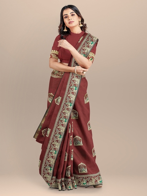 

BharatSthali Maroon & Off-White Woven Design Baluchari Sustainable Saree