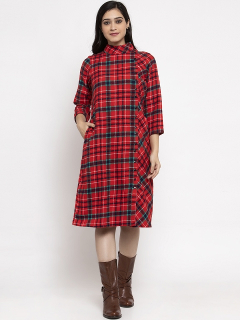 

Ayaany Women Red & Blue Checked Shirt Dress