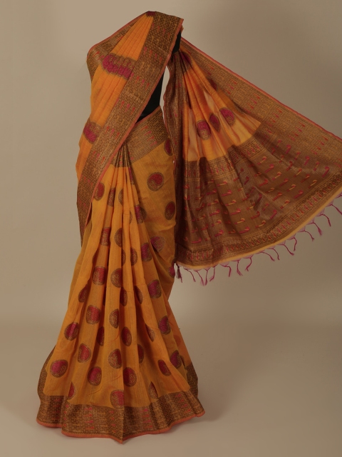 

Pothys Mustard Yellow & Red Jute Silk Printed Saree