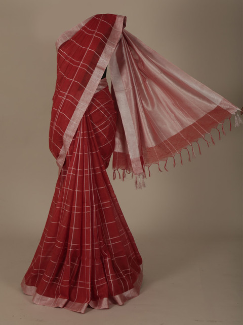 

Pothys Red & Gold-Coloured Pure Linen Checked Saree