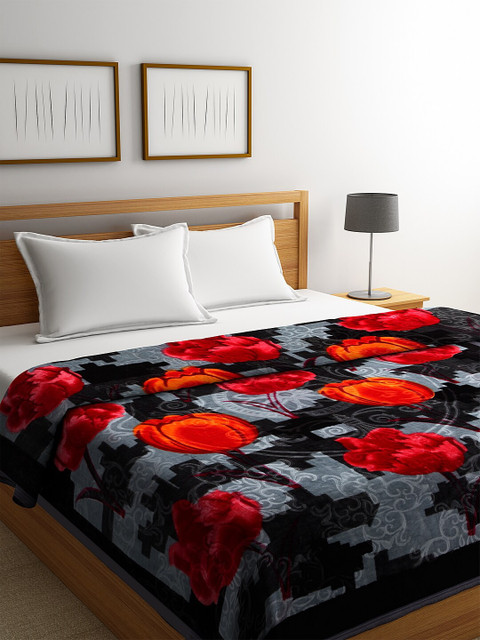

NEUDIS Grey & Red Floral Printed Mild Winter 500 GSM Double Bed Blanket