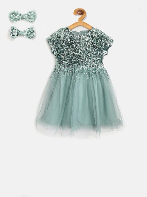 

Cherry Crumble Girls Green Embellished Fit and Flare Dress