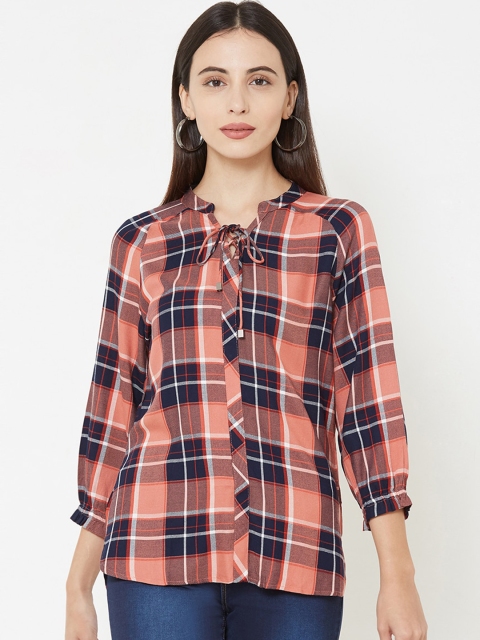 Kraus Jeans Women Peach-Coloured Checked Shirt Style Top