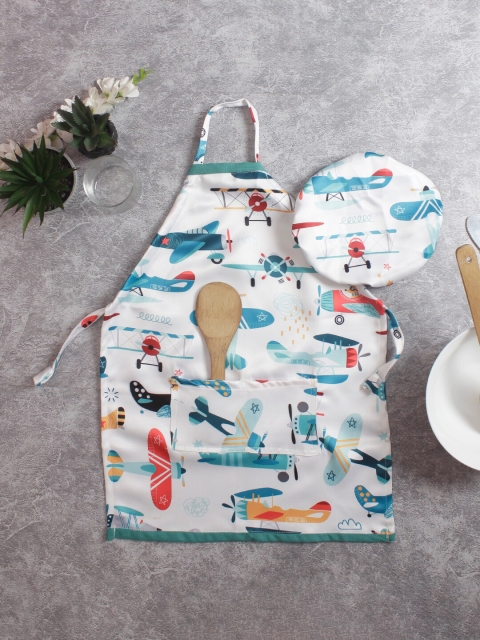 

HOUZZCODE Set Of 2 Blue & Green Printed Parent & Kid Aprons With Cap