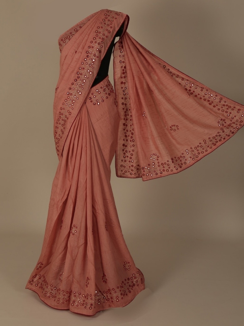 

Pothys Peach-Coloured & Maroon Jute Silk Embellished Saree