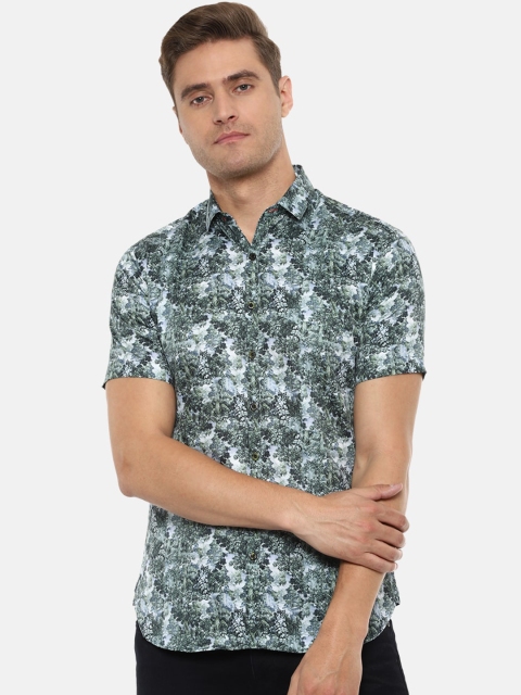 

V Dot Men Green Slim Fit Floral Printed Cotton Casual Shirt