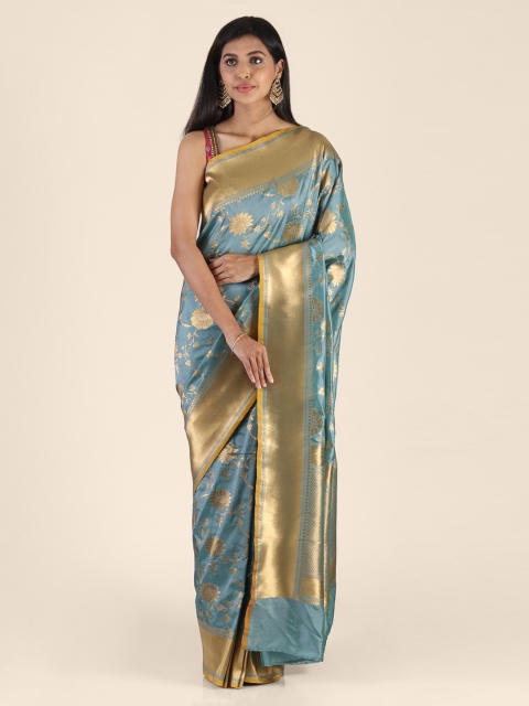 

Shruti and Mangaaysh Blue & Gold-Toned Silk Blend Woven Design Banarasi Saree