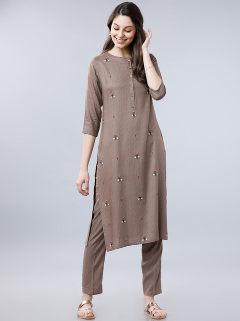 

Vishudh Women Brown Embroidered Kurta with Trousers