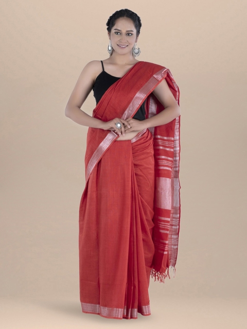

BharatSthali Red & Silver-Coloured Linen Blend Striped Handloom Bhagalpuri Sustainable Saree