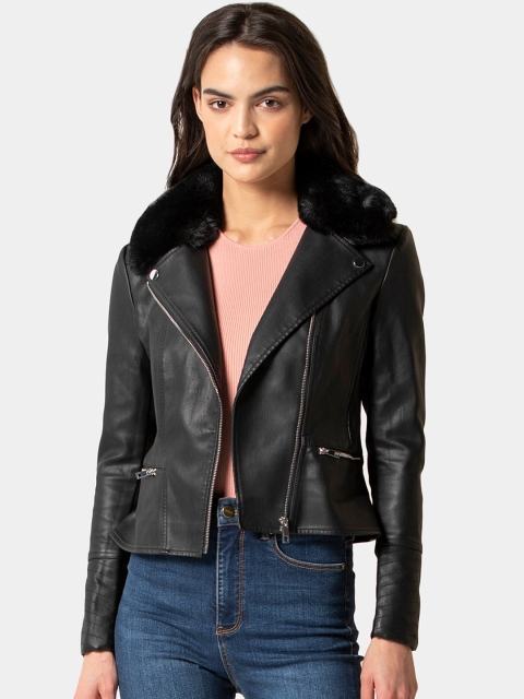 

Forever New Women Black Solid Asymmetric Closure Biker Jacket