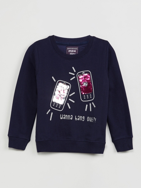 max Girls Navy Blue Printed Sweatshirt