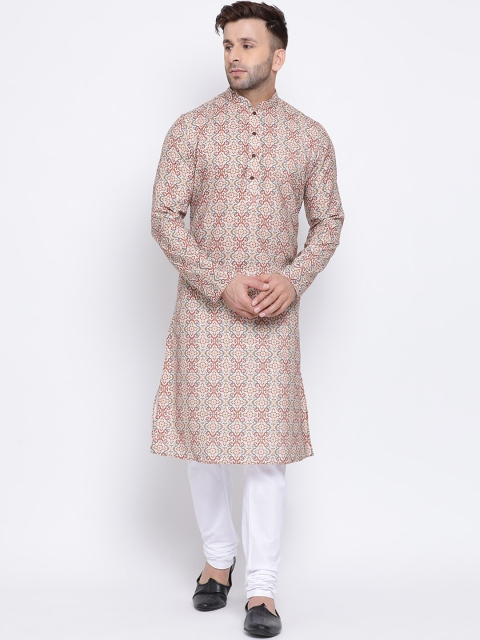 

NAMASKAR Men Beige & White Printed Kurta with Churidar