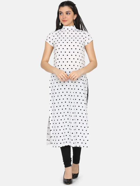 

Ojjasvi Women Off-White & Black Polka Dot Printed Straight Kurta