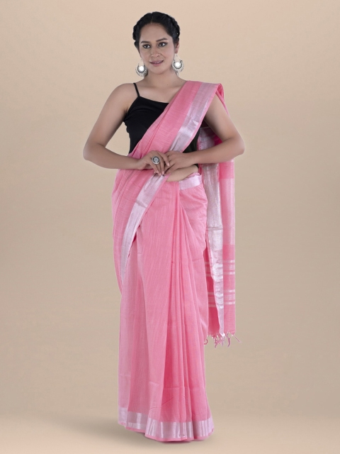 

BharatSthali Pink Solid Linen Blend Bhagalpuri Sustainable Saree