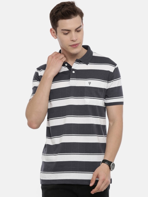 

Classic Polo Men Charcoal Grey & White Striped Polo Collar T-shirt