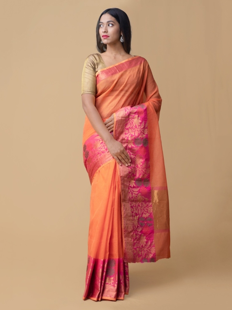 

Unnati Silks Orange & Pink Silk Cotton Solid Kota Saree