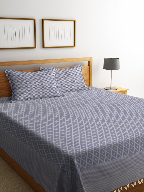 

NEUDIS Blue Hand-Woven Jacquard Double Bed Cover with 2 Pillow Covers