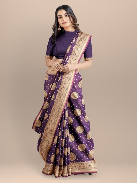 

BharatSthali Purple & Gold-Toned Silk Cotton Woven Design Banarasi Saree