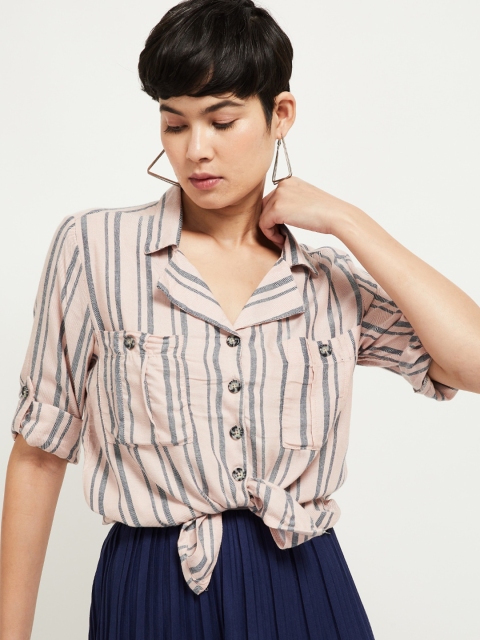 

max Women Pink & Grey Regular Fit Striped Casual Shirt