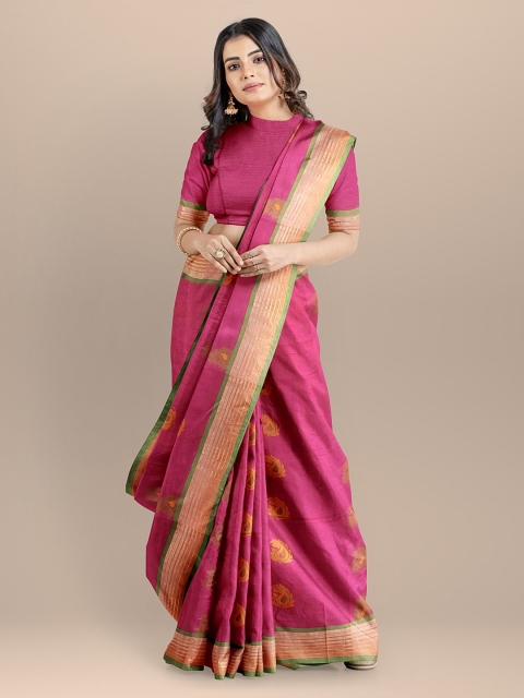 

BharatSthali Magenta & Gold-Toned Pure Cotton Striped Saree
