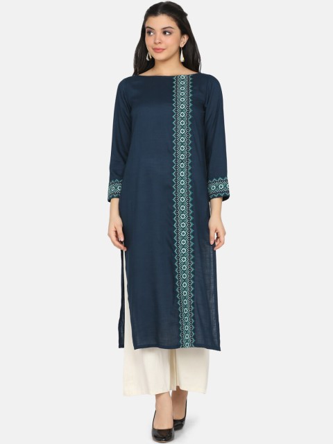 

Ojjasvi Women Teal Blue Embroidered Straight Kurta