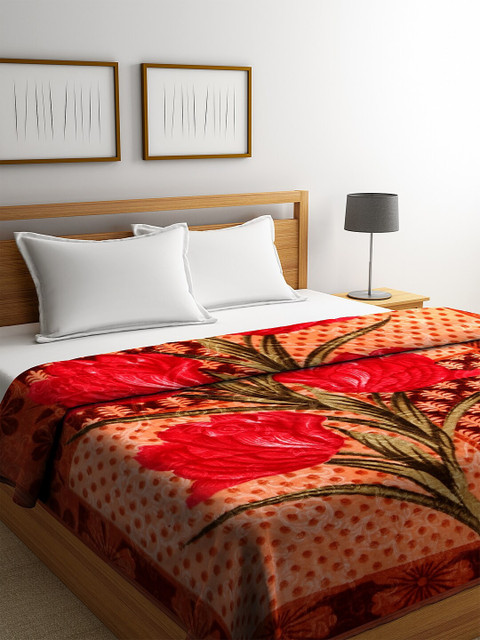 

NEUDIS Brown & Red Floral Print Mild Winter 500 GSM Double Bed Blanket
