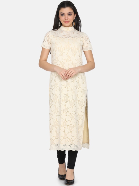 

Ojjasvi Women Cream-Coloured Woven Design Straight Kurta