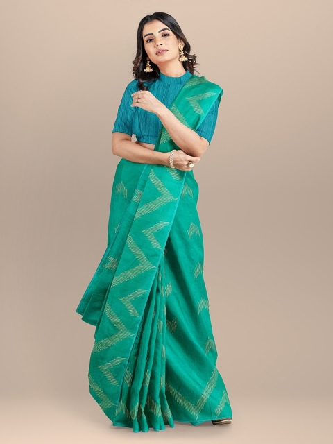 

BharatSthali Green & Gold-Toned Silk Cotton Woven Design Saree