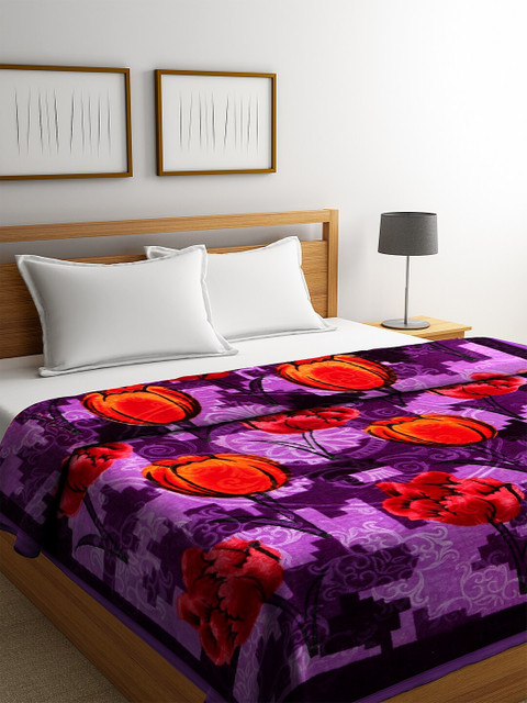 

NEUDIS Purple & Red Floral Printed Mild Winter 500 GSM Super Soft Double Bed Blanket