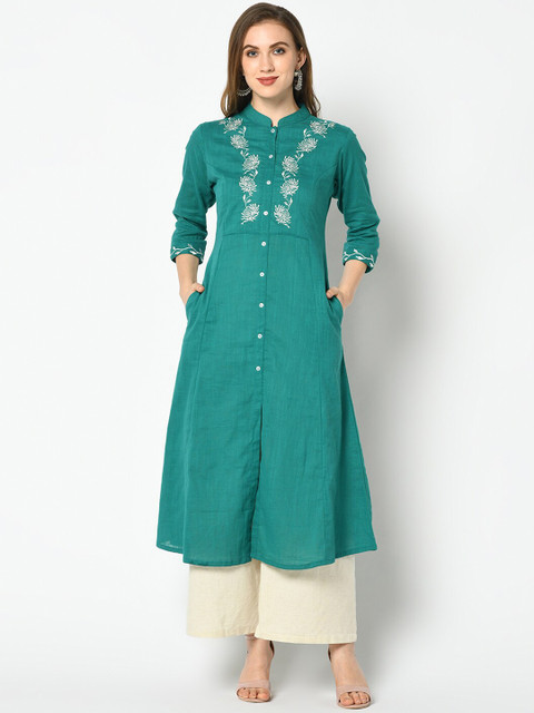 

Azira Women Green & White Embroidered A-Line Kurta