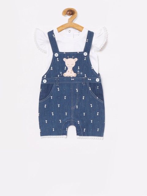

BABY GO Girls White & Blue Printed Dungarees With T-Shirt