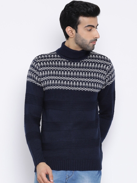 

Richlook Men Navy Blue & White Self-Design Pullover Sweater
