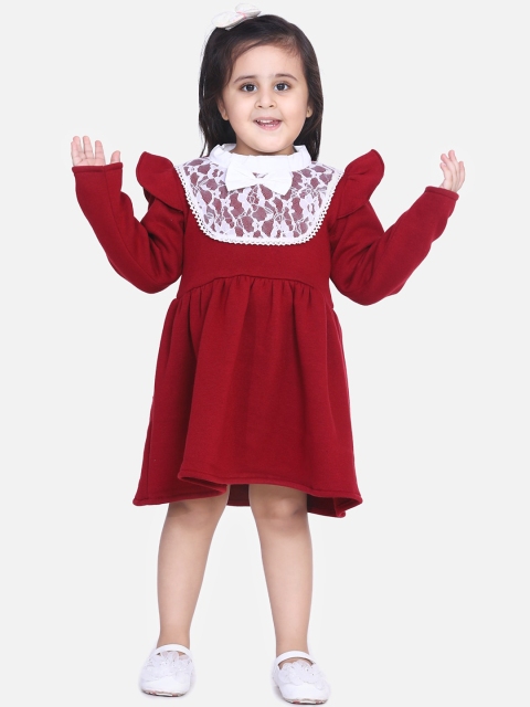 

AWW HUNNIE Girls Maroon Solid Fit and Flare Lace Trimmed Dress