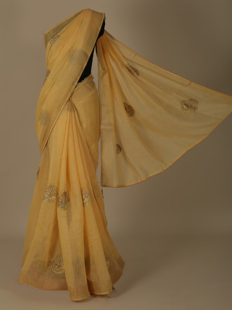 

Pothys Yellow Embroidered Linen Blend Saree
